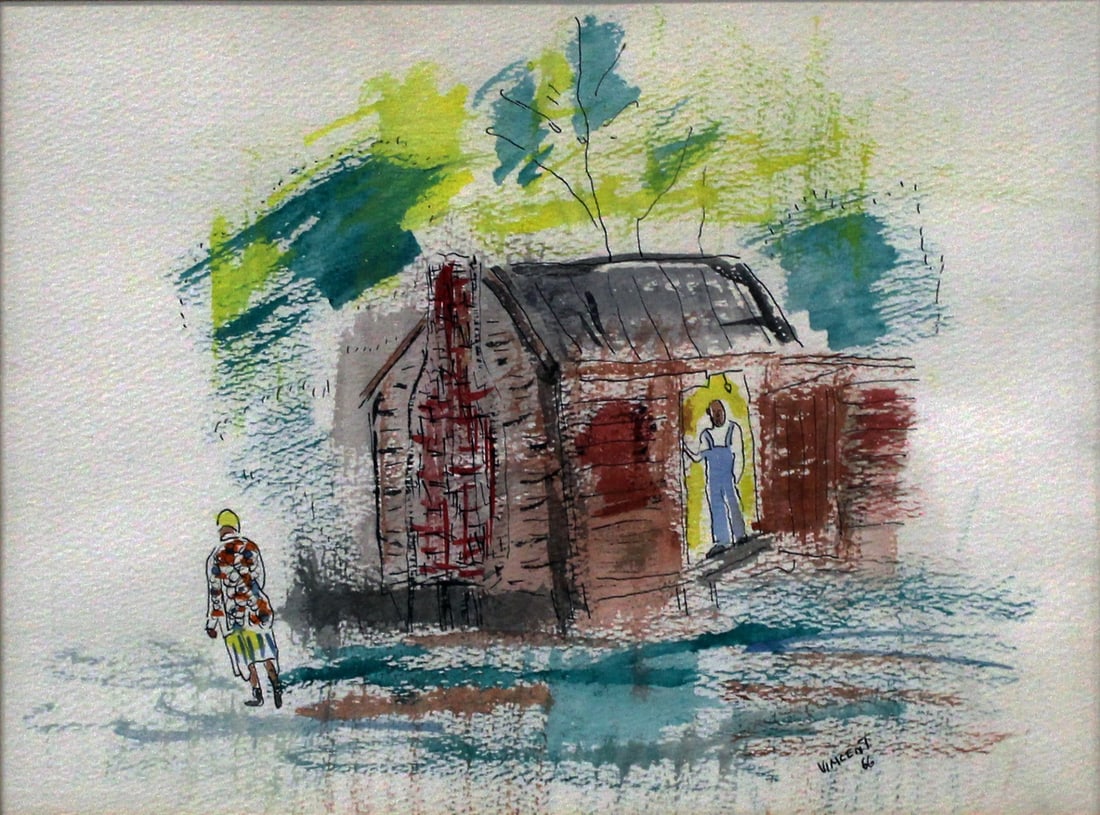 VINCENT SMITH (African/American, 1929-2003).: "Feeding Time", Pen and watercolor. Signed, titled and dated 1966. From the estate of Vincent D. Smith. - Dimensions: 8.5" x 11.5" & Framed 14.5" x 17"