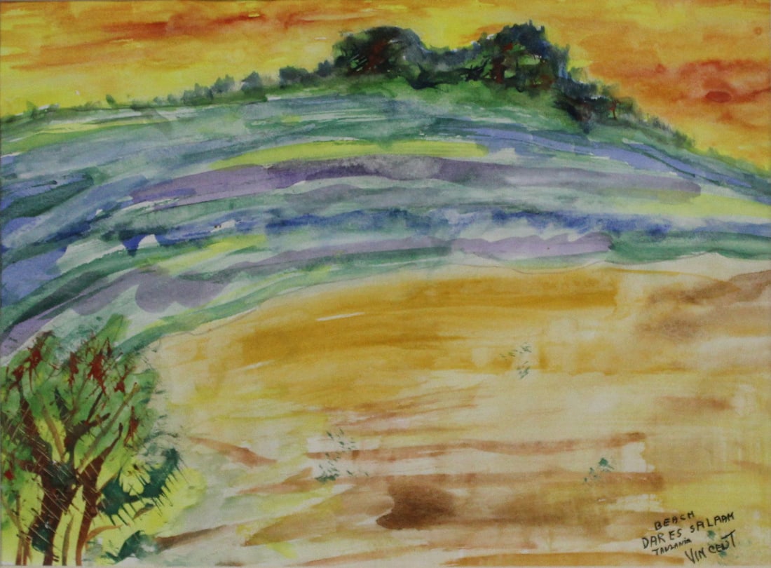 VINCENT SMITH (African/American, 1929-2003).: "Beach In Dar Es Salaam". Watercolor, signed, titled and dated 1973. From the estate of Vincent D. Smith. - Dimensions: 8.5" x 11.5" & Framed 15.5" x 17"