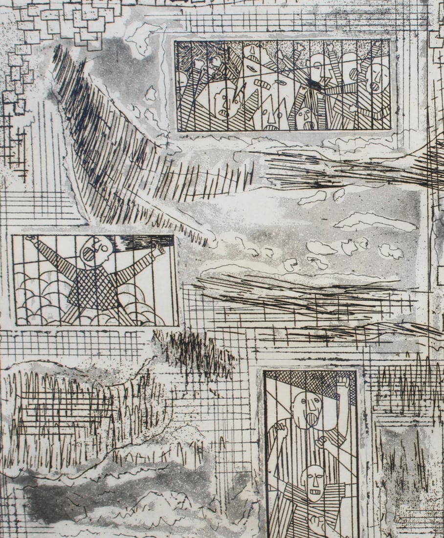 VINCENT SMITH (African/American, 1929-2003).: "War and Attrition". Etching, signed and titled. From the estate of Vincent D. Smith. - Dimensions: 13" x 11" & Framed 22.5" x 18.5"