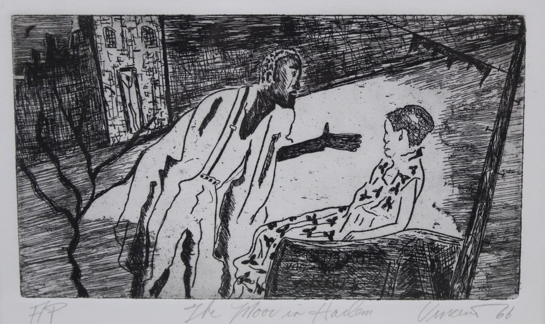 VINCENT SMITH (African/American, 1929-2003).: "The Moon In Harlem". AP, etching. Signed, titled and dated, 1966. From the estate of Vincent D. Smith. - Dimensions: 9" x 10" & Framed 18" x 18"