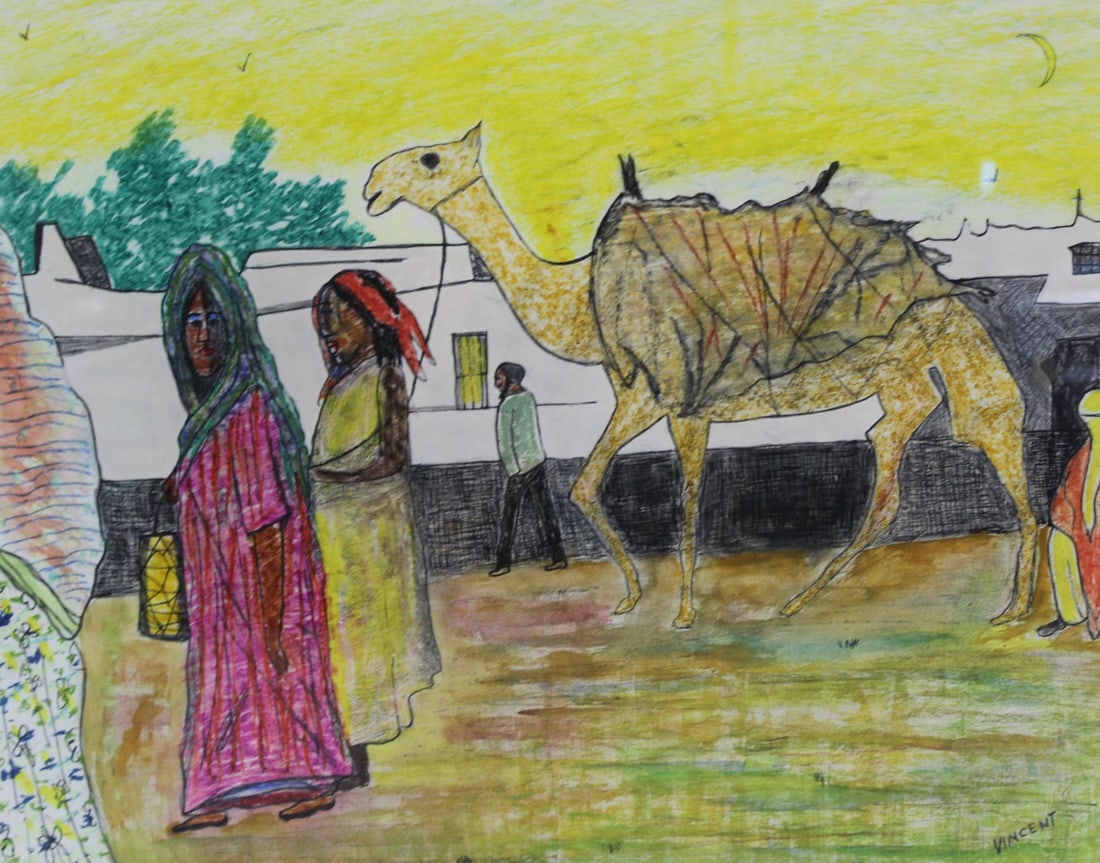 VINCENT SMITH (African/American, 1929-2003).: "Somali Women With Camel". Gouache and oil pastel. Signed, titled and dated, 1974. LARCADA GALLERY LABEL. From the estate of Vincent D. Smith. - Dimensions: 14" x 17" & Framed 20" x 23"