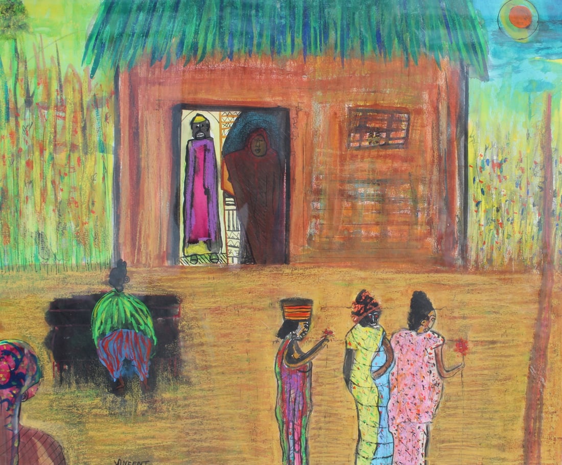 VINCENT SMITH (African/American, 1929-2003).: "Dreams Of Togo". Pen, watercolor and crayon. Signed, titled and dated. From the estate of Vincent D. Smith. - Dimensions: 14.5" x 17.5" & Framed 23" x 25"