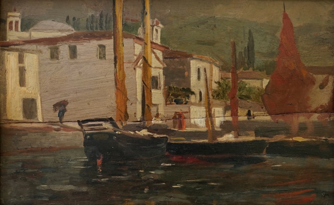 TINA BLAU (AUSTRIAN, 1845-1916).: 'Sail Boats in a Harbor'. Oil on board. Apparently unsigned. From the estate of Taussig, Riverside Drive, Manhattan. Tina Regina-Leopoldine Blau (1845 - 1916). Dimensions: 6.625" h x 10.50" w. Frame: