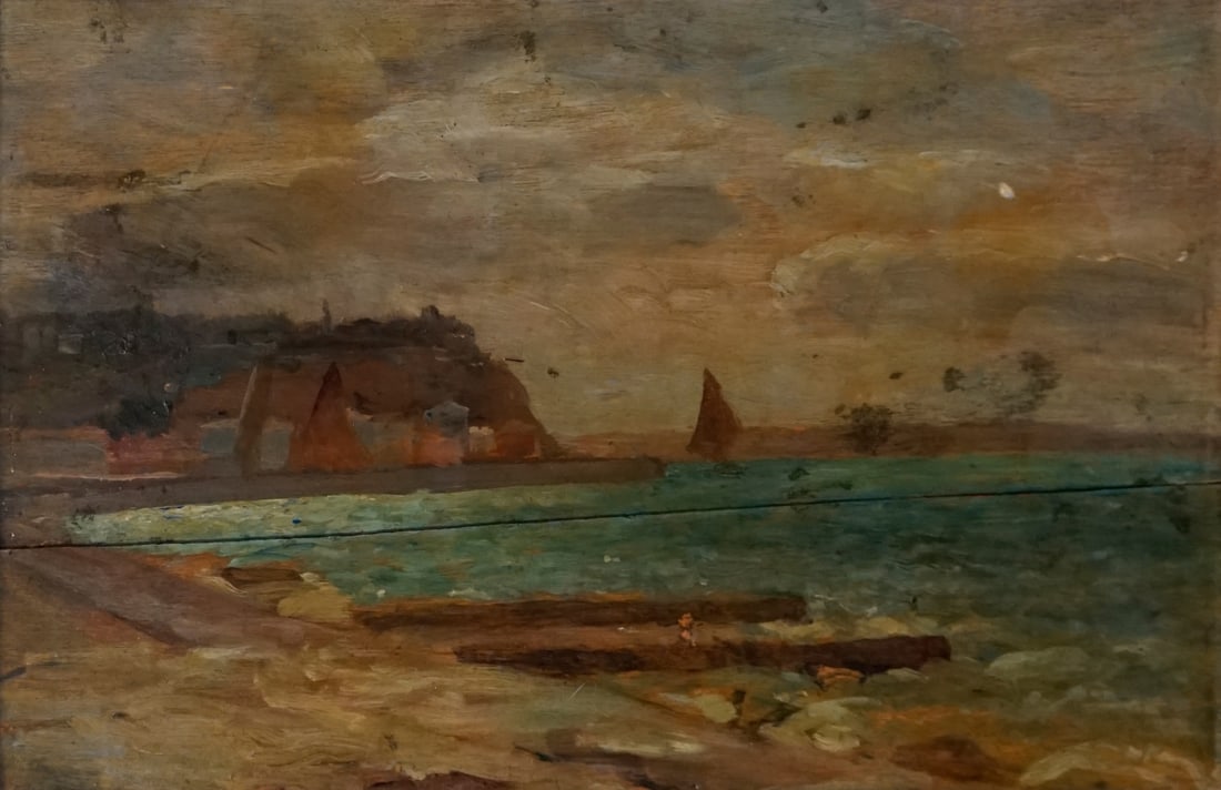 TINA BLAU (AUSTRIAN, 1845-1916).: 'Sail Boats on Lake Garda off Malcesine'. Oil on board. Apparently unsigned. Verso: Various labels and inscriptions. Estate stamp on board. From the estate of Taussig, Riverside Drive, Manhattan. Tina