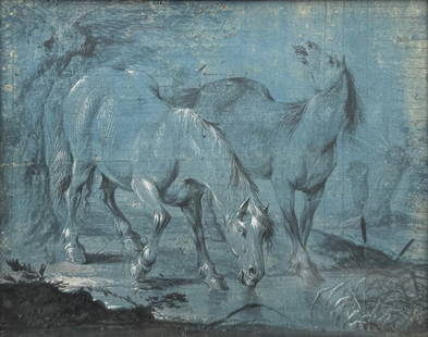 HERMAN OR JOANN MATHIAS WEYER (GERMAN, 17TH CENT).: 'Horses Drinking Water'. Mixed media on blue paper. Apparently unsigned. Note: The attribution was made by noted German art historian Edmund Schilling (1888-1974). From the estate of Taussig, Riversid