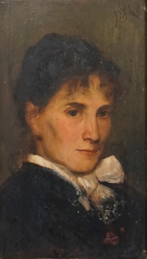 JULIUS SCHMID (AUSTRIAN, 1854-1935).: 'Portrait Possibly of Tina Blau'. Oil on board. Signed to top right. Verso: Artist label, illegible inscriptions in pencil. From the estate of Taussig, Riverside Drive, Manhattan. Tina Regina-Leopoldi