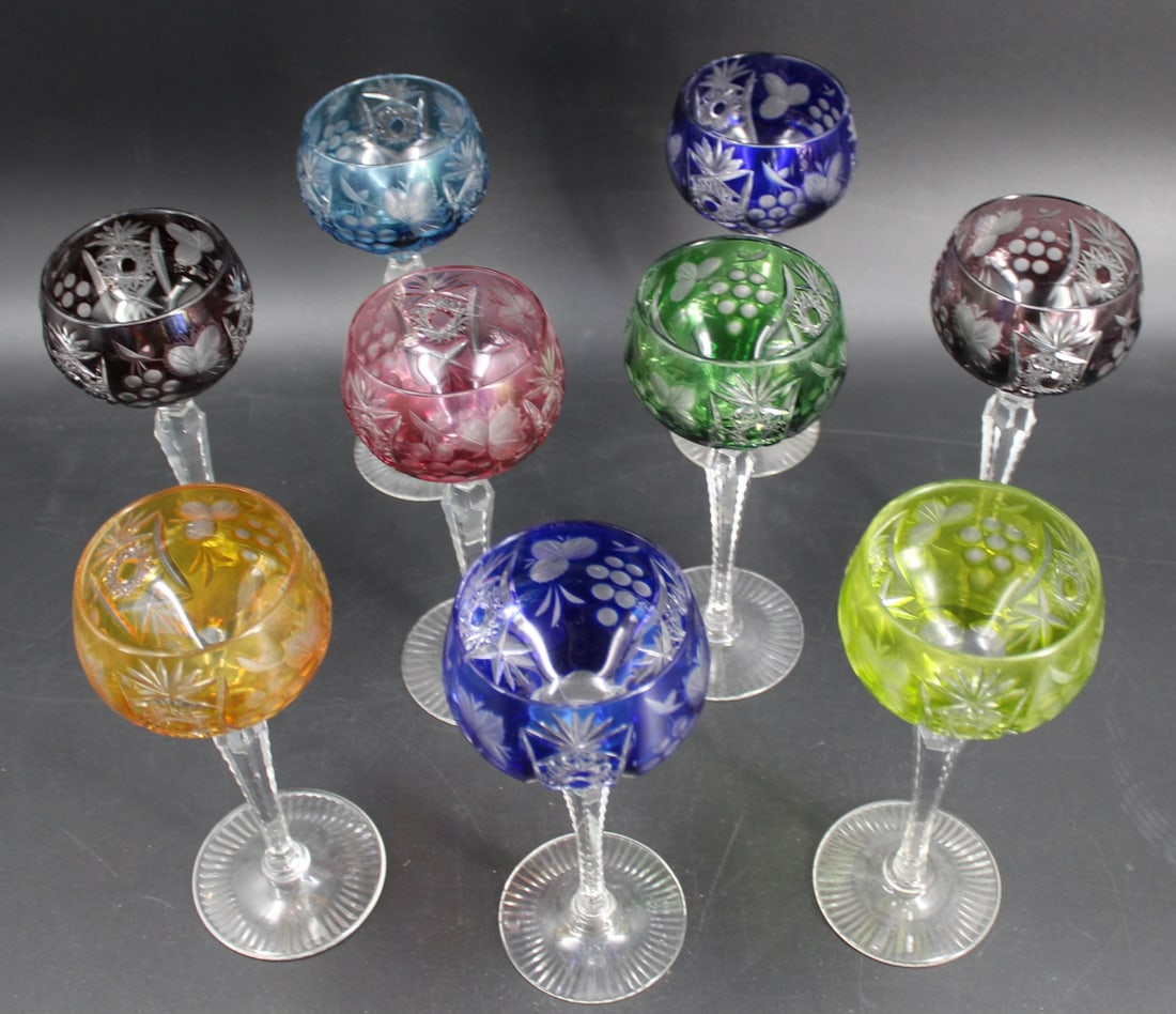 (9) Bohemian Cut Crystal Wine Glasses.: From the estate of Taussig, Riverside Drive, Manhattan. Tina Regina-Leopoldine Blau (1845 - 1916). - Dimensions: 8" tall
