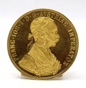 BULLION. 1915 4 Ducat Austrian Gold Coin Restrike.: A 1915 4D (Ducat) Austrian Restrike gold coin struck in 0.986 fine gold. Total approx. weight is 13.96 grams (gross). From the estate of Taussig, Riverside Drive, Manhattan. Dimensions: coin measures