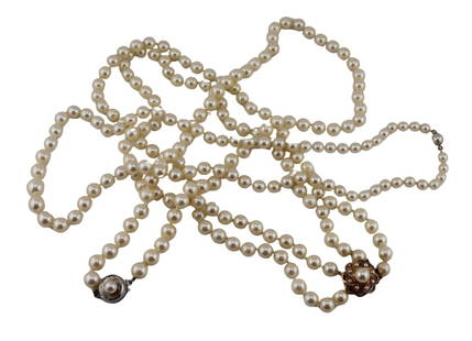 JEWELRY. (3) Individually Knotted Pearl Necklaces.: Includes a signed double strand necklace of individually knotted pearls with a 14kt yellow gold scalloped edge clasp with central pearl surrounded by seed pearls - stamped, "K14" with an uni
