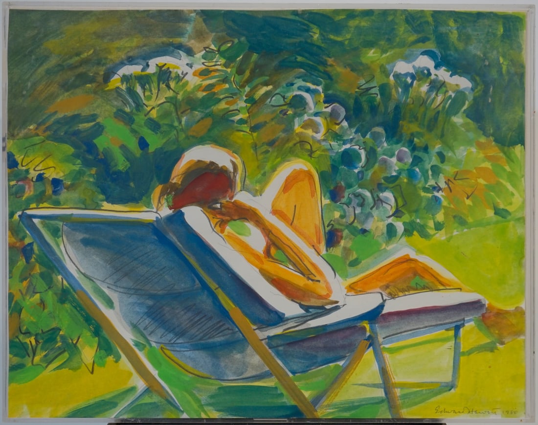 EDWARD WILSON HEWETT (AMERICAN, 1926-2015).: 'A Figure Lounging in a Garden'. 1980. Graphite and watercolor. Signed and dated lower right. From a Lattingtown, NY estate. Dimensions: 11" h x 13.625" w. Frame: 11.125" h x 14.125&quo