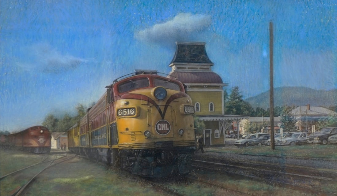 G. DAVIS LANG (AMERICAN, 20TH CENTURY).: 'Trains From the Columbia, Newberry & Laurens Railroad Company'. Pastel on paper. Signed lower left. Property from a New Rochelle. NY estate. Dimensions: Sight size: 12.50" h x 21" w. Fr