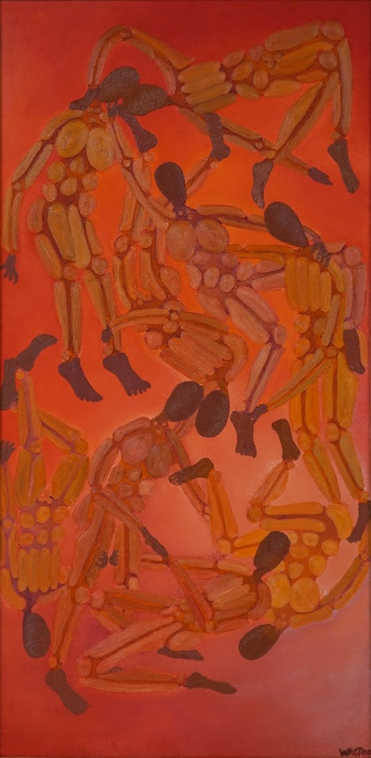 RONALD WALTON (AFRICAN-AMERICAN, 20TH/21ST CENT).: 'Abstract Figures'. 1980. Oil on canvas. Signed lower right corner. Verso: Signed and dated on canvas. Property from an Elmhurst, NY estate. Dimensions: 36" h x 18" w. Frame: 39.25" h x