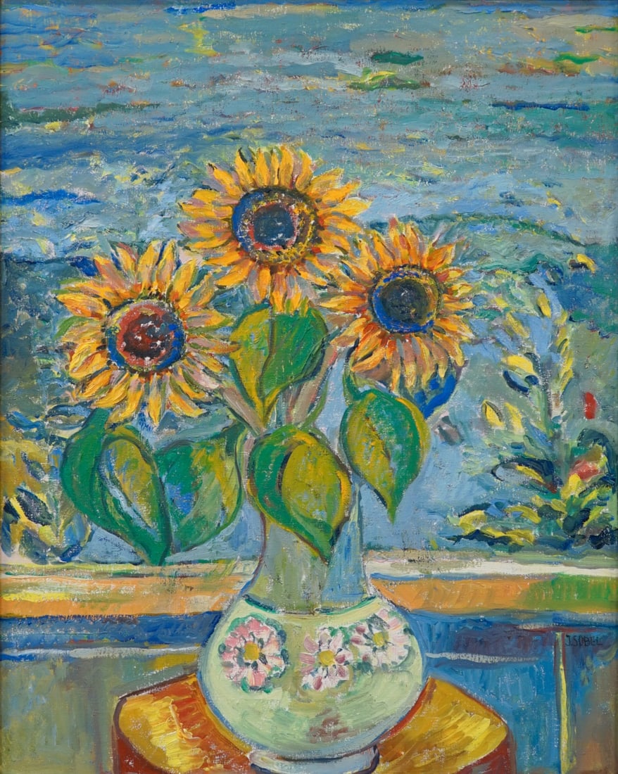 JEHUDITH (JUDYTA) SOBELL (POLAND, 1924-2012).: 'Sunflowers'. Circa 1965. Oil on canvas. Signed lower right. Property from a Manhattan, NYC estate. Dimensions: 30" h x 24 "w. Frame: 37.50" h x 31.50" w.