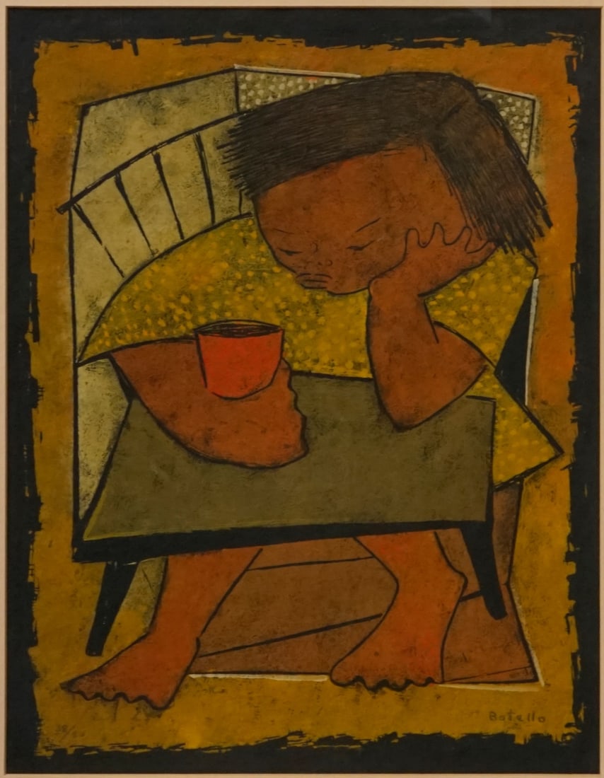 ANGEL BOTELLO (PUERTO RICAN, 1913-1986).: 'Nino con una Taza' (Boy with a Cup). Colored linoleum cut on rag paper. Signed and numbered '38/50' lower margins in pencil. Property from a Manhattan, NYC estate. Dimensions: Sight size: 17.50"