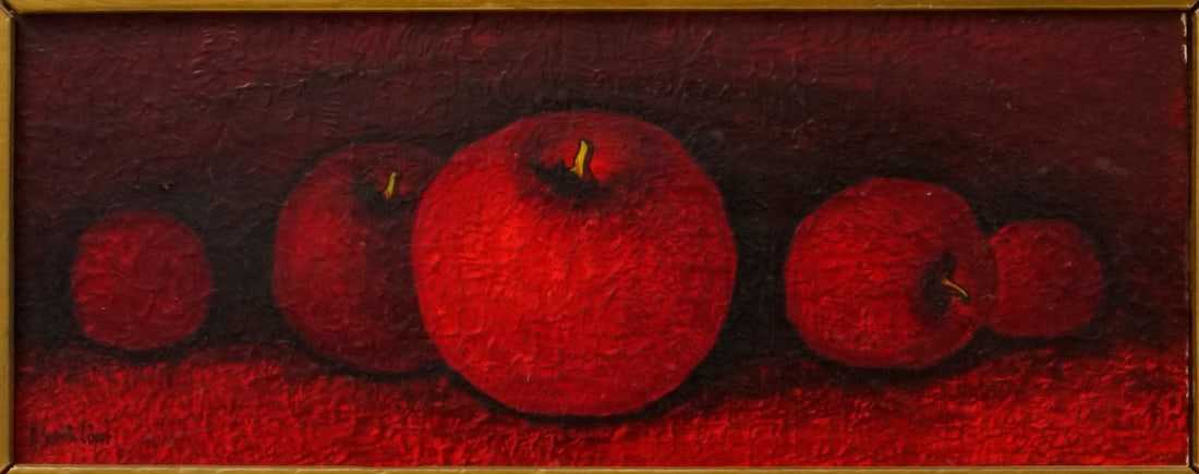 A GARCIA LOPEZ (20TH CENTURY).: 'Apples'. Oil on masonite. Signed lower left corner. Property from a Manhattan, NYC estate. Dimensions: 5.25" h x 13.50" w. Frame: 11" h x 19.25" w.