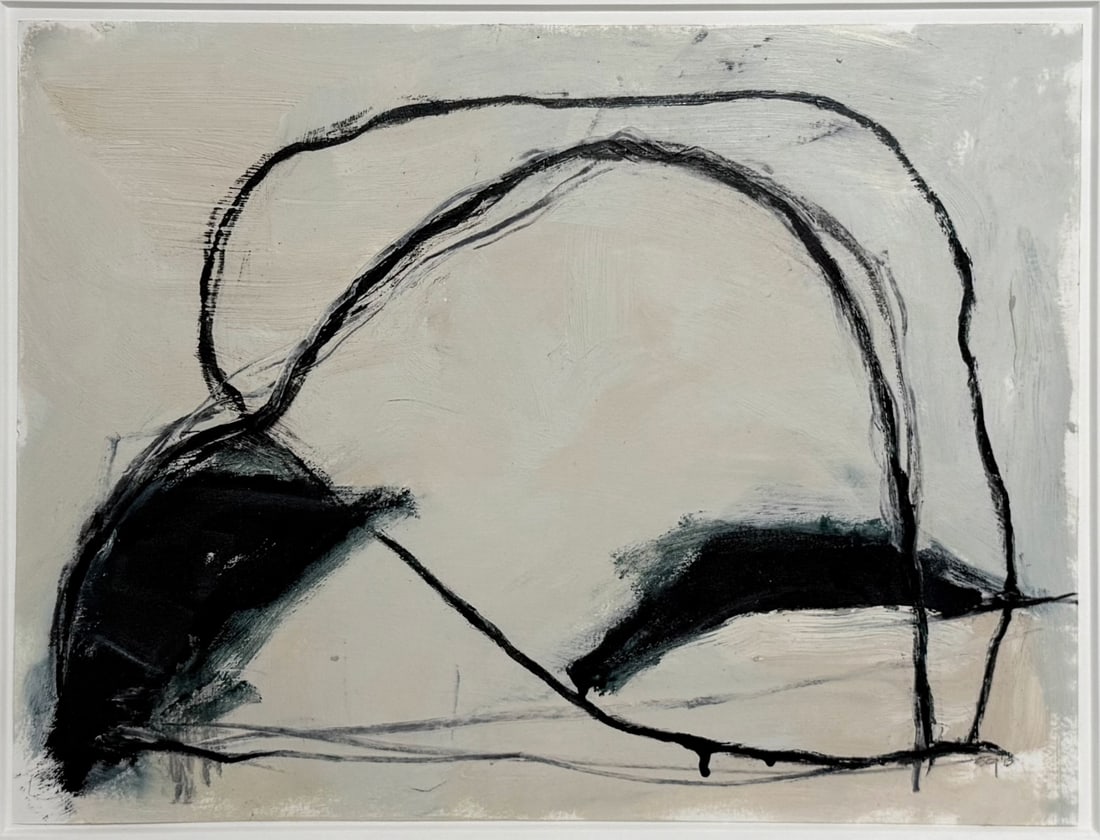 SUSAN CUTLER TREMAINE (AMERICAN, b. 1951).: 'Untitled' (Abstract with Black Line). Mixed media on paper. Signed and dated lower right. Property of a New Canaan, CT collection. Dimensions: 12.25" h x 16" w. Frame: 19.75" h x 23.75" w.