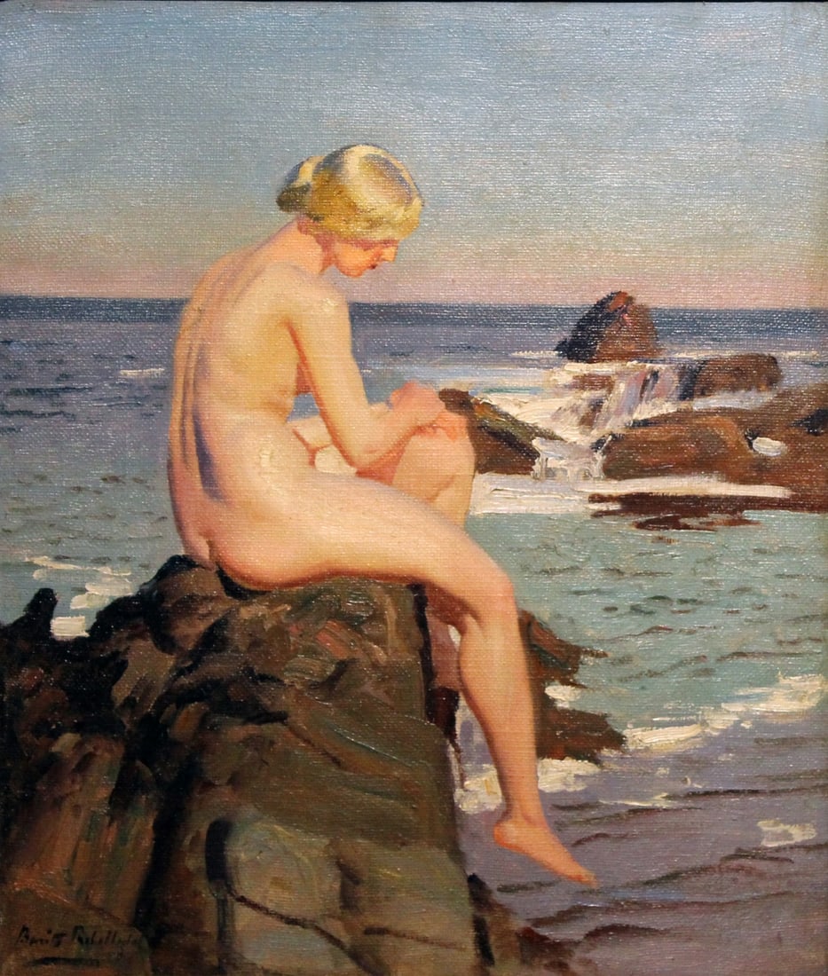 BENITO REBOLLEDO CORREA (CHILEAN, 1880-1964).: 'Female Nude Resting on Rocks'. Oil on canvas. Signed lower left. Property from a Bridgewater, CT collection. Dimensions: 21" h x 17" w. Frame: 36.5" h x 30" w.