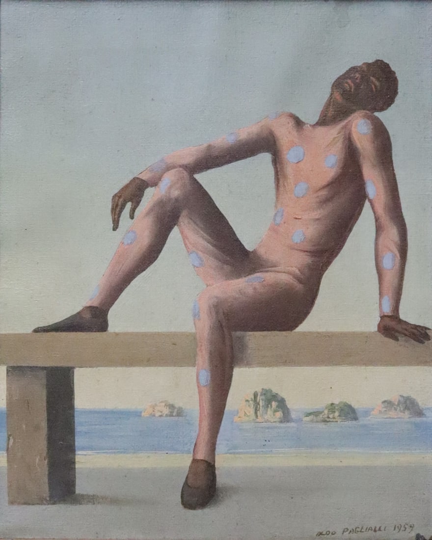 ALDO PAGLIACCI (ITALIAN, 1913-1991).: 'Harlequin with Blue'.1959. Oil on canvas. Signed and dated lower right. Property from a Brooklyn, NY estate. Dimensions: 10" h 8.25" w. Frame: 15" h x 13" w.