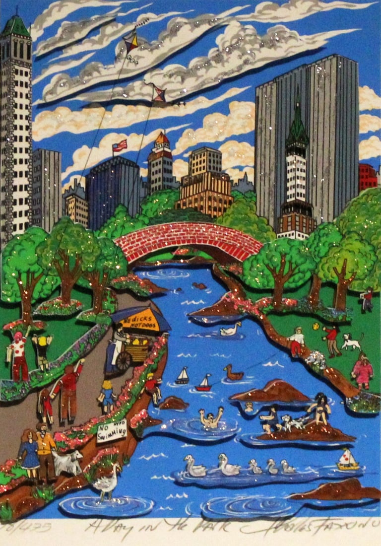 CHARLES FAZZINO (AMERICAN, b. 1955).: 'A Day in the Park'. Circa 1997. 3-D Silkscreen with glitter. Signed, titled, and numbered '78/475' lower margins and center in pencil. Property of a Greenwich, CT collection. Dimensions: Image: 9.75&