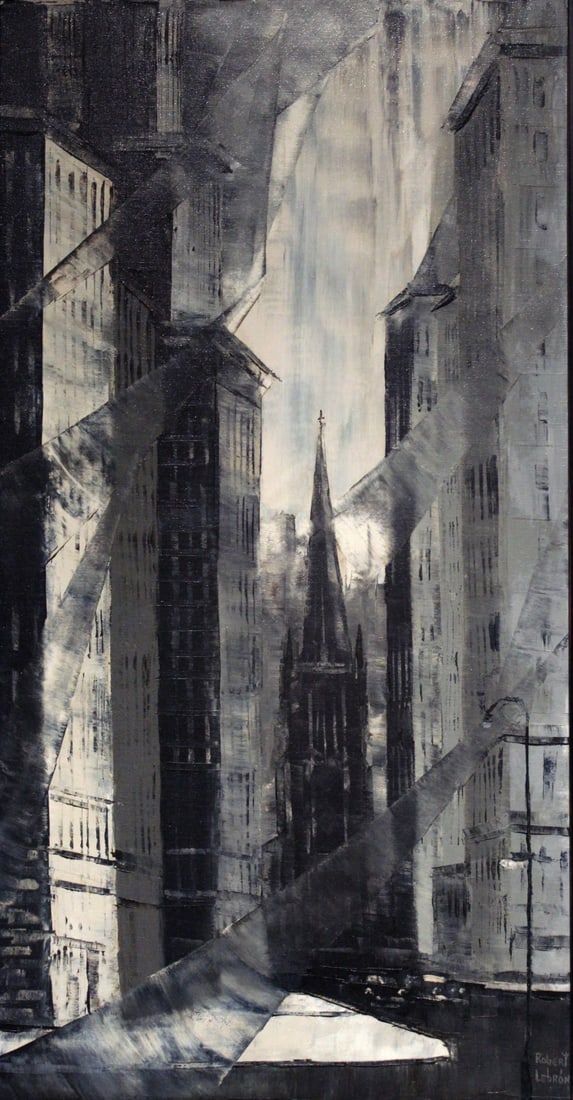 ROBERT LEBRON (AMERICAN, 1928-2013).: 'City Street Scene with Church'. Oil on canvas. Signed lower right. From a Bronxville, NY estate. Dimensions: 30.25" h x 15.125" w. Frame: 32" h x 16.75" w.