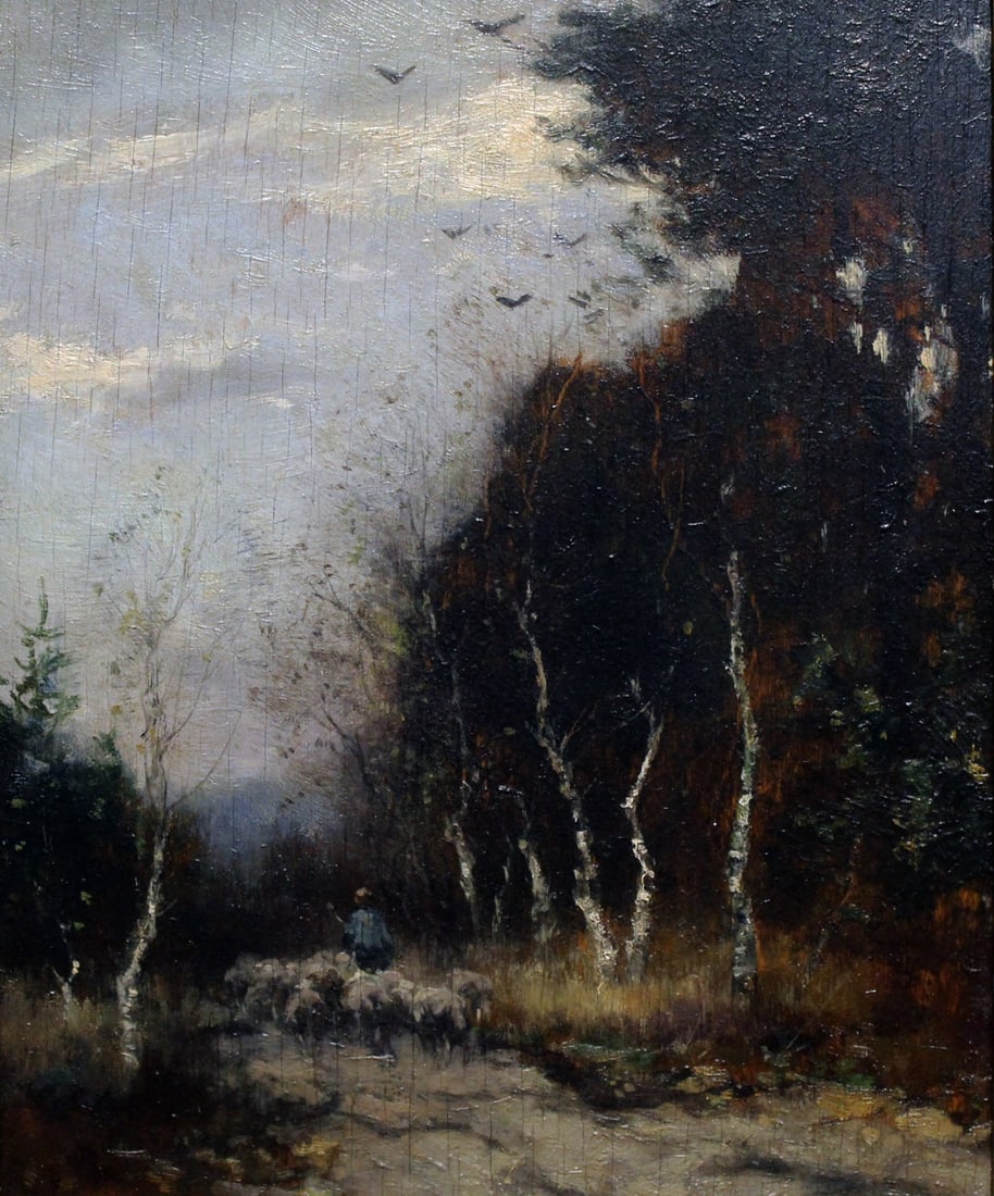CIRCLE OF JULES DUPRE.: 'Shepard with Sheep on a Road'. Oil on panel. Illegibly signed lower left. Provenance: Wallis & Son, The French Gallery, London, UK. Dimensions: 11.50" h x 8.50" w. Frame: 17" h x 1