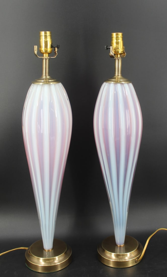 A Vintage Pair of Murano Glass Lamps.: A wonderful pair, large with purple stripes. From a Darien, CT estate.