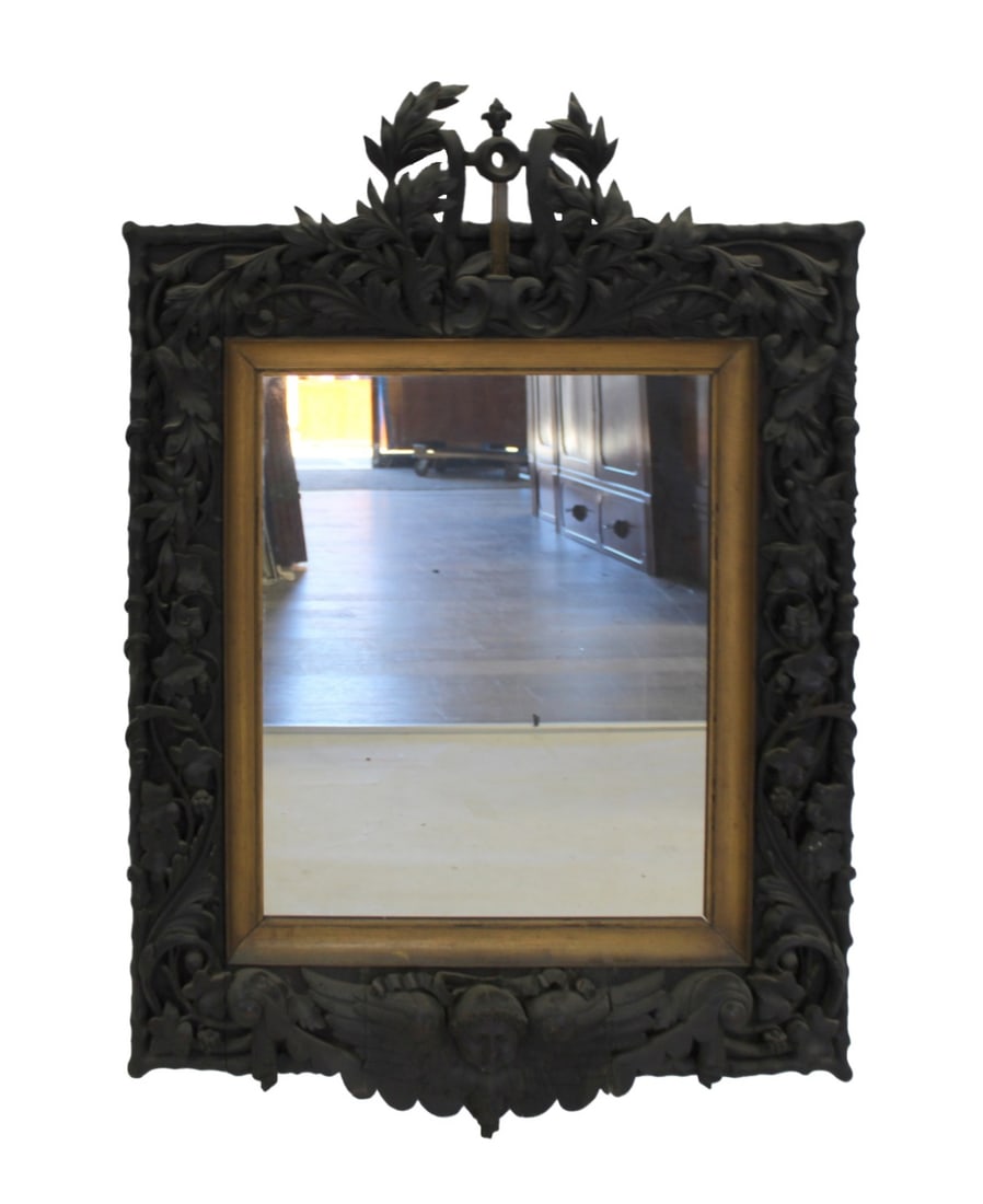 Antique Continental Highly Carved Wood Mirror.: Probably Italian, carved with flowers, leaves and a winged angel. From a Remsen St Brooklyn, NY estate. - Dimensions: 35" x 52"