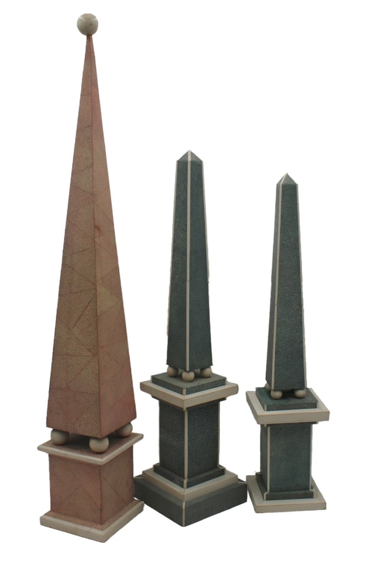 After Karl Springer Lot of Assorted Shagreen: Obelisks. From a Remsen St Brooklyn, NY estate. - Dimensions: 18.5", 17.5" & 24" h