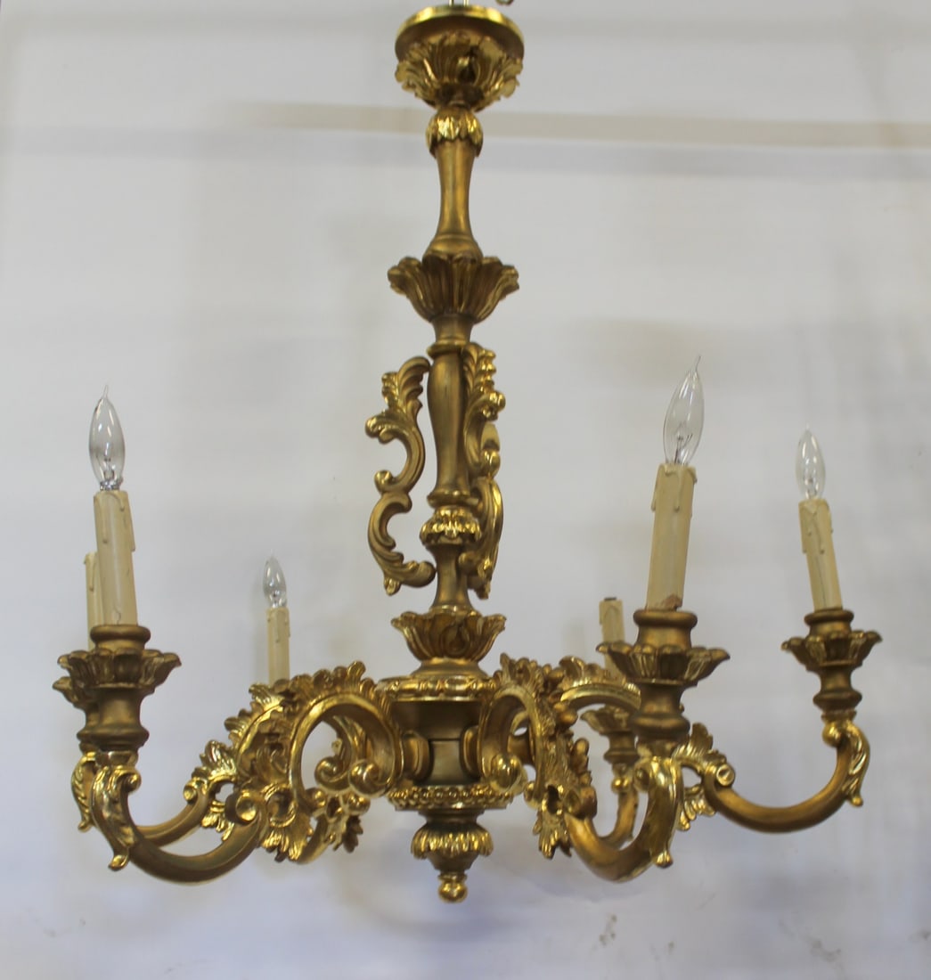 Antique Carved Giltwood Chandelier.: Good large size and with great patina. From a Remsen St Brooklyn NY estate. - Dimensions: 32" h x 30" w.