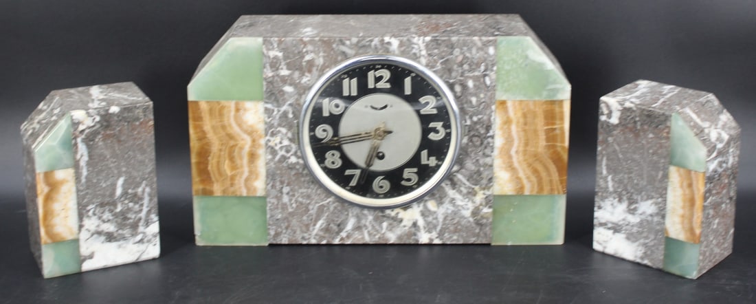 Art Deco 3 Piece Marble Clock Garniture Set. (1 of 5)