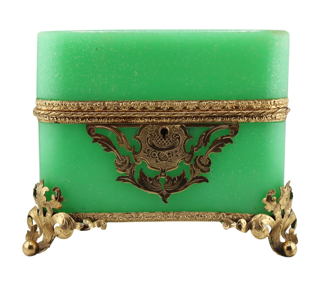 Gilt Metal Mounted Vaseline Glass Vanity Box. (1 of 7)