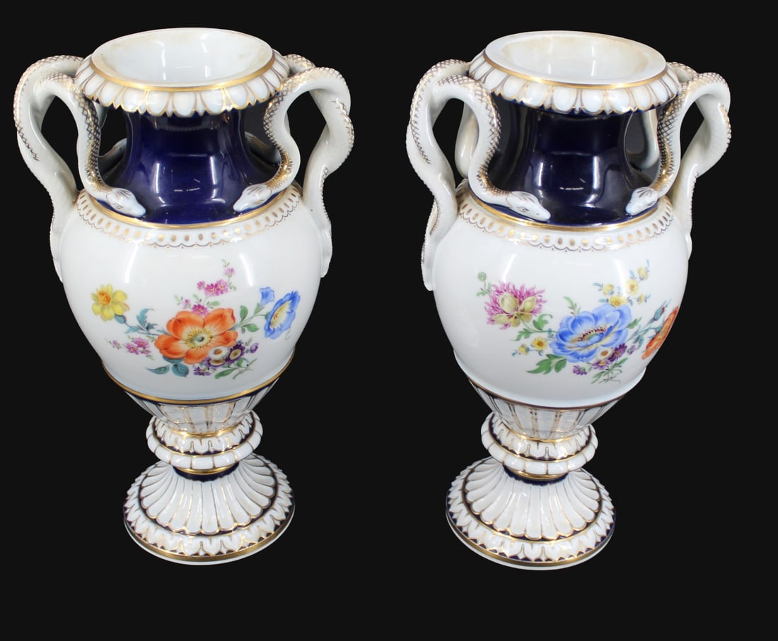 Pair Meissen Porcelain Serpent Handle Urns (1 of 10)