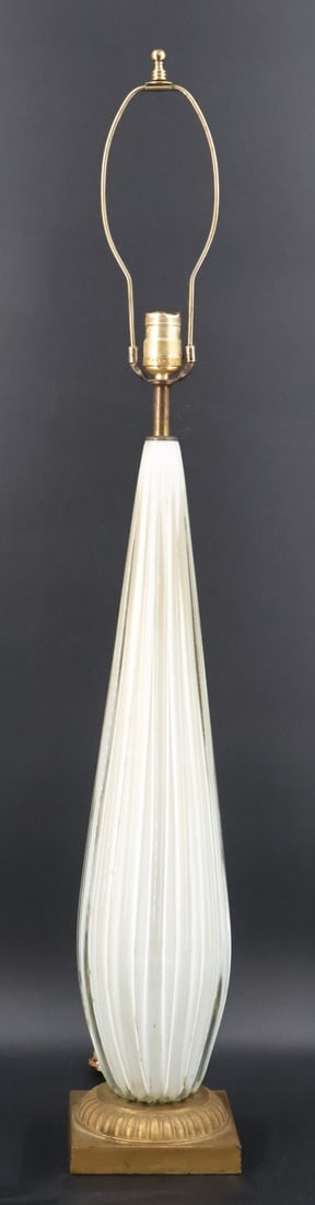 Midcentury Murano Glass Lamp.: A fluted Venetian glass column lamp atop a square stand. From a Port Jervis, NY estate. Dimensions: measures approx. 39.9" h.