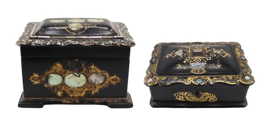 (2) Antique Lacquered and Mother of Pearl Boxes. (1 of 14)