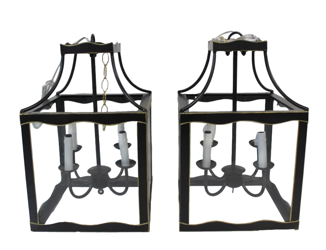 Vintage Pair of Patinated Metal Hanging Lanterns: From a Great Neck, Long Island estate. - Dimensions: 19" h x 13" w x 13" d.