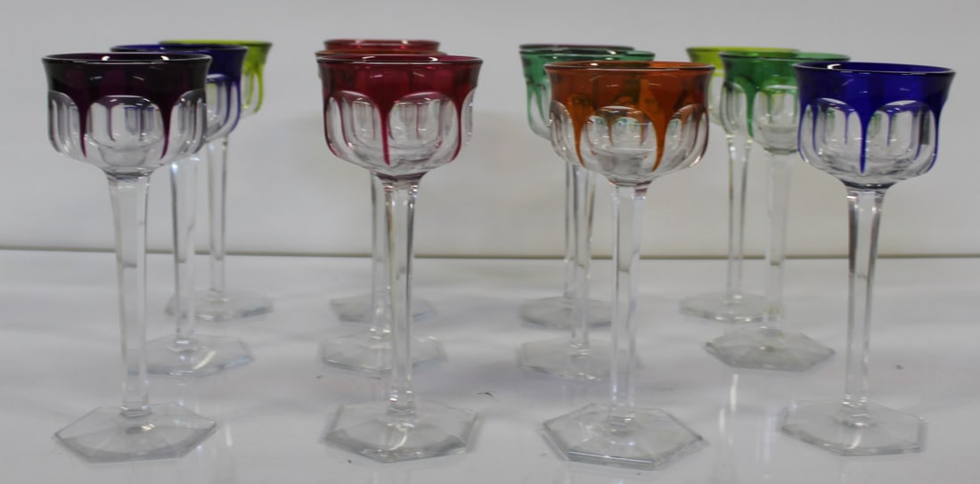 BACCARAT. Set Of 12 Color To Clear Wine Glasses.: Signed on base. From a Bronxville NY estate. - Dimensions: 7.25" h x 3" dia.