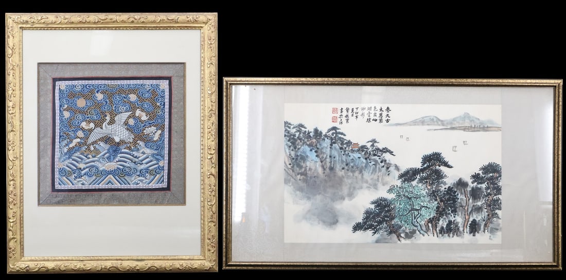 Chinese Rank Badge and Ink Painting.: Includes a rank badge resembling an egret above waves and flying amongst clouds; and a ink painting of a mountaineous landscape - two seals to the upper left. From a Brooklyn, NY estate. Dimensions: r