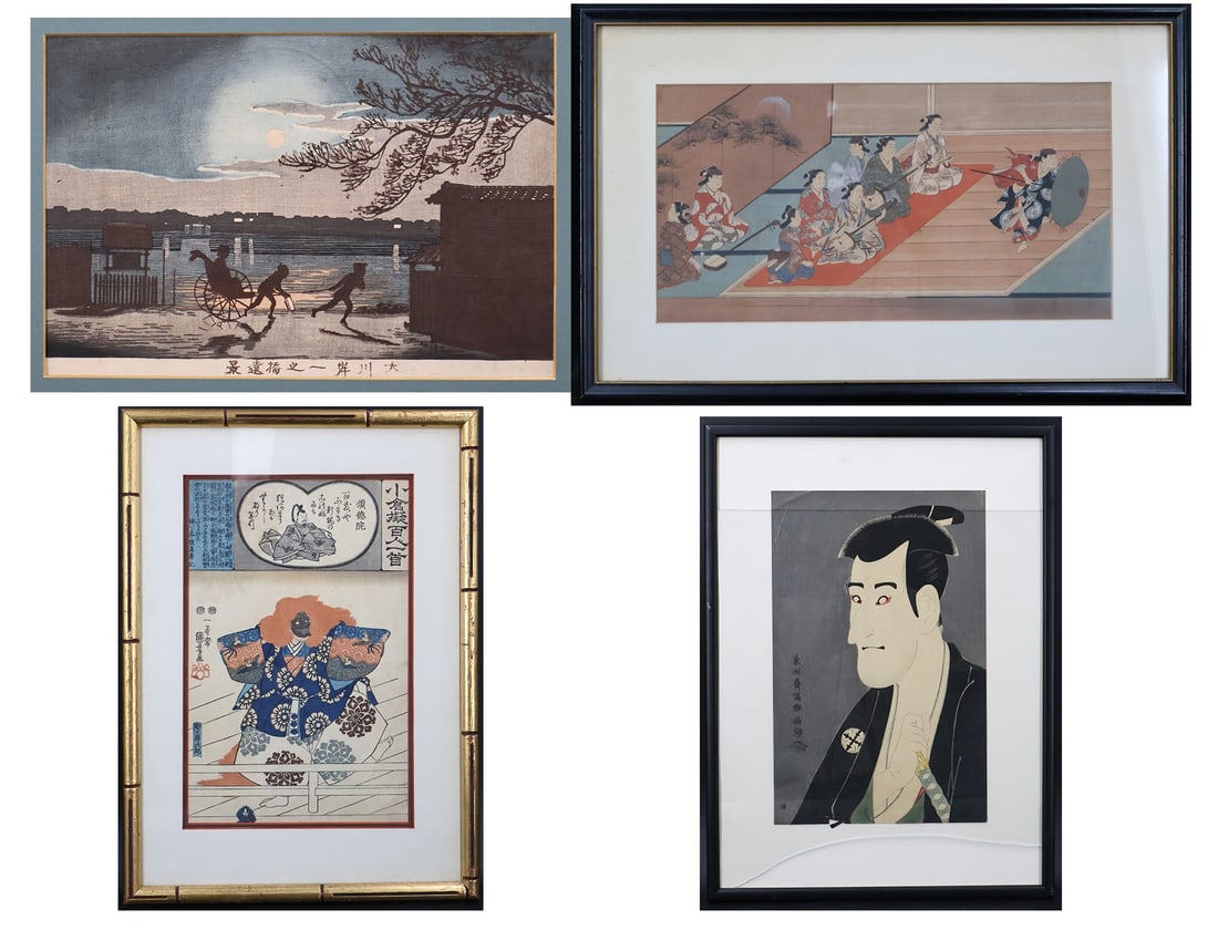 Group of (4) Japanese Woodblock Prints.: Includes "Distant View of Ichinohashi from the Banks of the Sumida River" by Kobayashi Kiyochika; 'Kabuki Entertainers' by Miyagawa Choshun; 'Poem 100: The Retired Emperor Jontoku' by Utagawa Kuniyosh