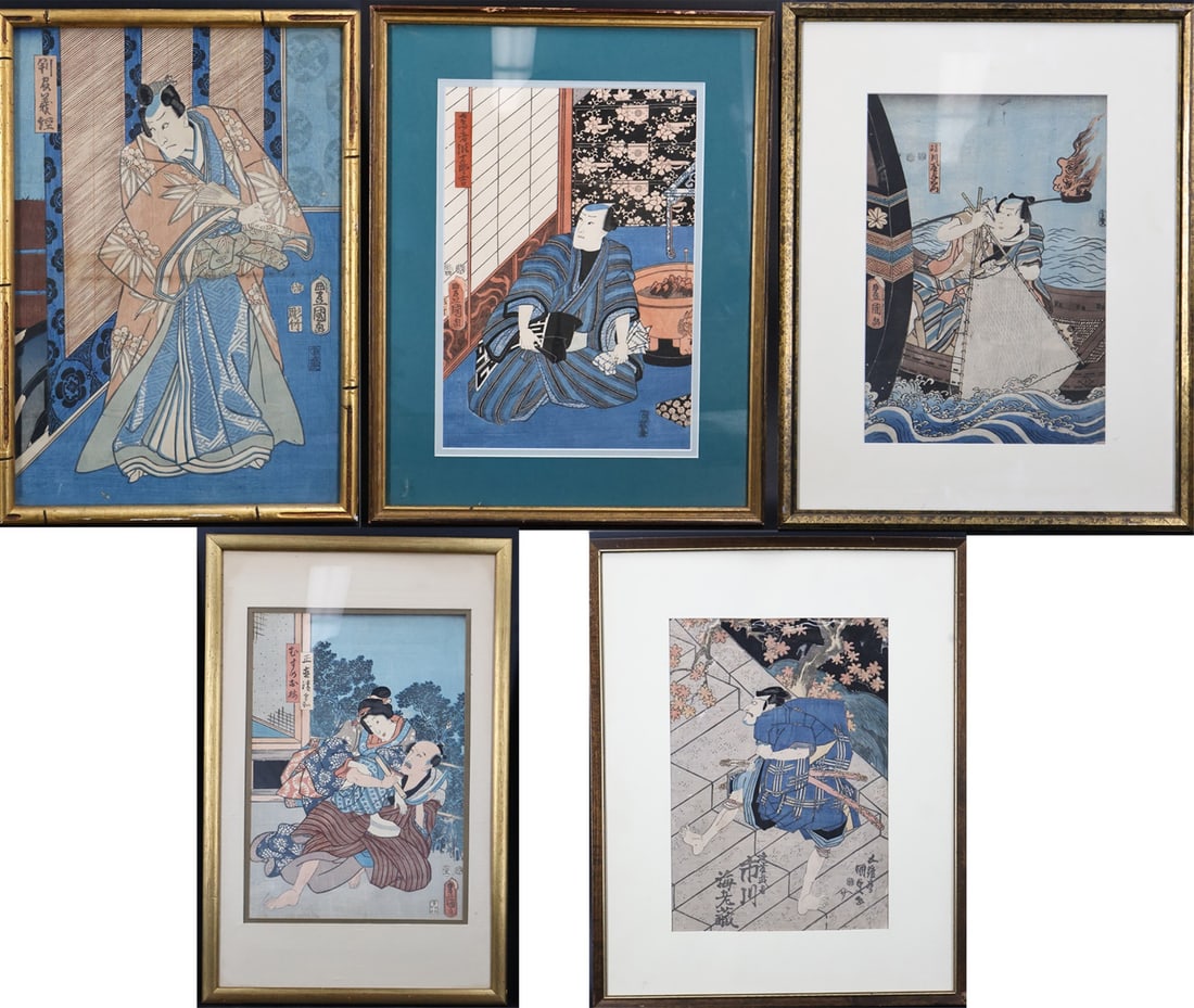 (5) Japanese Woodblock Prints.: Includes 'Night Murder on a Boat' by Utagawa Kunisada; 'Ichikawa Kodanji IV at Shojiki Seibei and Onoe Kikugoro IV as his Daughter Oume' by Utagawa Kunisada; an unidentified print by Utagawa Kunisada 