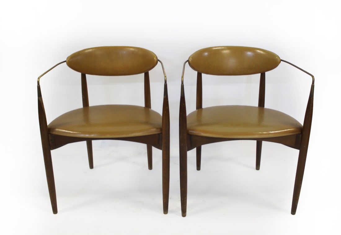 Pair Of IB Kofod Larsen for SELIG Armchairs: Great quality and lookers with brass arms. From a Larchmont NY estate. Dimensions: 28" h, 22.5" w x 18" d.