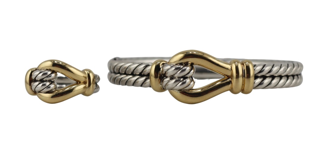 JEWELRY. David Yurman Thoroughbred Loop Jewelry.: Includes a David Yurman Thoroughbred Loop sterling and 18kt yellow gold buckle form bracelet - stamped, "© D.Y. 925 750", bracelet measures approx. 16.0mm at the widest point and will f