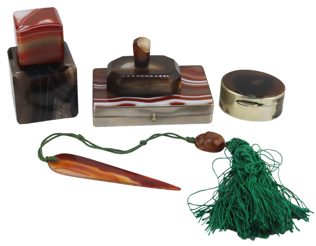 Collection of Antique Banded Objects Objets.: Includes a brown/white banded agate carved paperweight with bevelled edges; a smaller red/orange/white banded agate carved paperweight with bevelled edges; a brown/white banded agate paper weight with