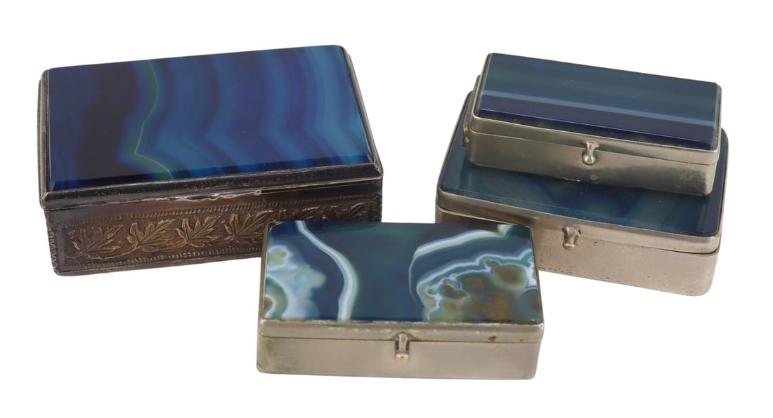(4) Antique Continental Banded Blue Agate Boxes. (1 of 8)