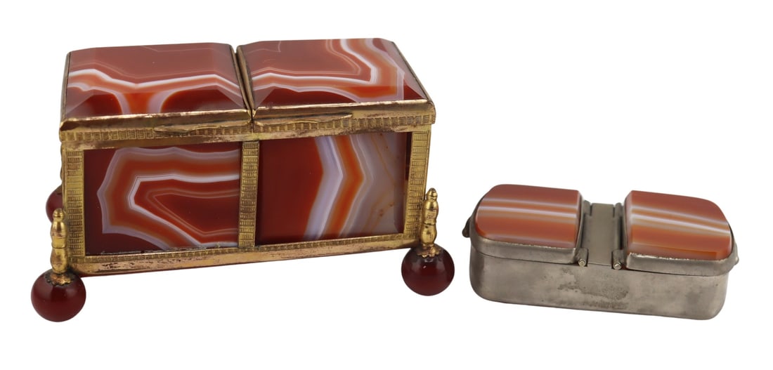 (2) Antique Continental Banded Agate Stamp Boxes. (1 of 10)