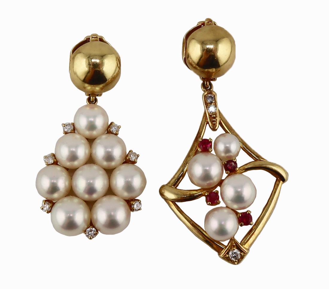 JEWELRY. (2) Mikimoto 18kt Gold and Pearl Pendants: Includes a Mikimoto 18kt yellow gold pendant of pear form displaying (8) pearls accented by (7) pave diamonds suspended from a ball form hinged clasp - stamped, "K18" with a Mikimoto pictori