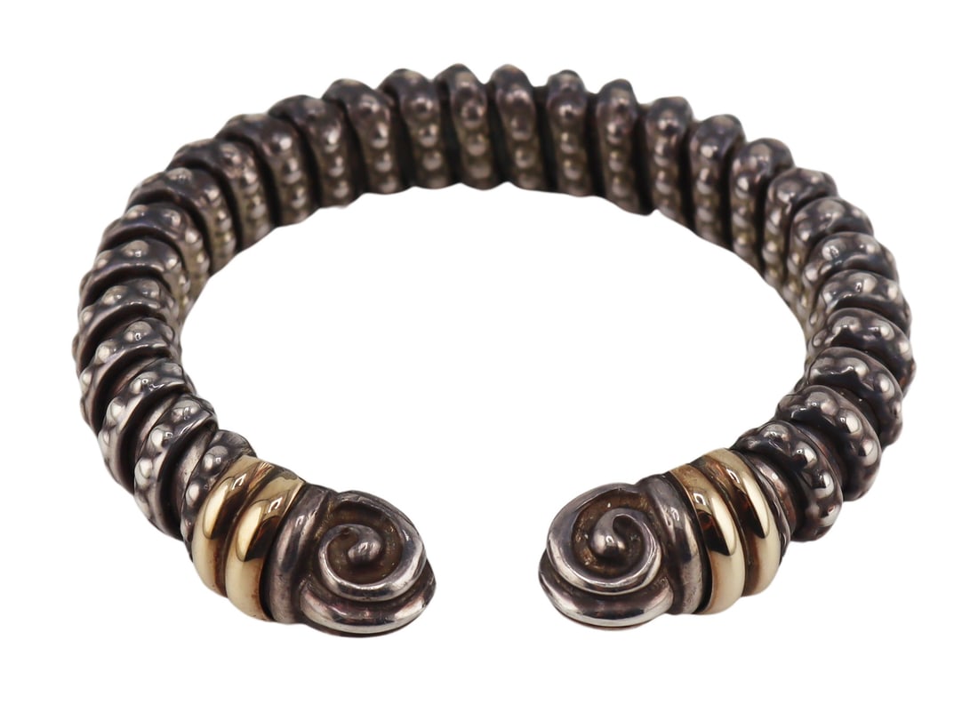 JEWELRY. Alwand Vahan Sterling and 14kt Gold: Bracelet. Signed Alwand Vahan sterling bracelet with 14kt yellow gold accent panels. Stamped, "Sterling 14K Vahan". Total approx. weight of the bracelet is 1.47 troy oz (gross). From a Larch
