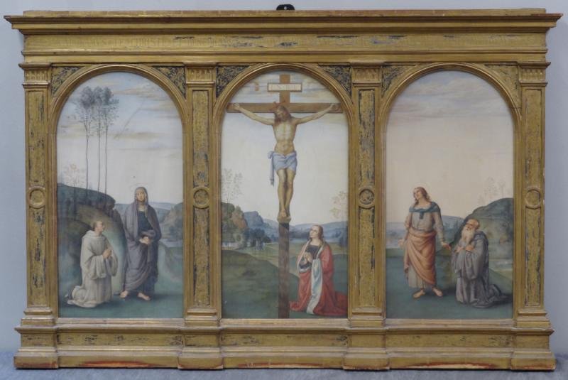 DE MATTEIS, Veronica. 19th C. Triptych Watercolor.: "La Crocifissione" in original tabernacle frame. After the "Pazzi Crucifixion" fresco by Pietro Perugino in Santa Maria Maddalena dei Pazzi, Florence, Italy. Signed in the center image, lower left. Fr