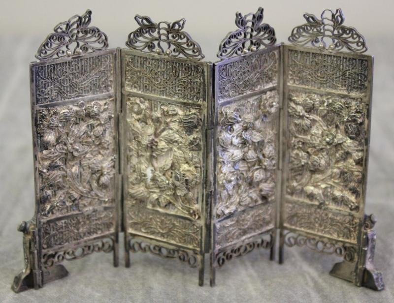Miniature Signed Chinese Silver Folding Screen.: From a Manhattan, NY location. Dimensions: Open - 6.125" wide x 3.625" high.