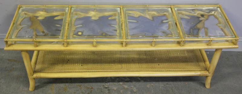 Bamboo Form Table with Glass Block Top.: From a New Hyde Park, NY location. Dimensions: 51.75" wide x 13.25" deep x 17.25" high