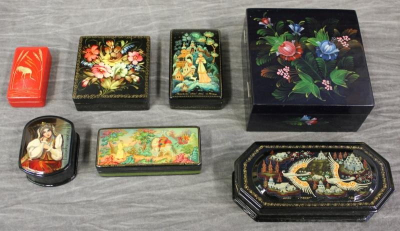 Lot of 7 Russian Lacquer Boxes.: Includes boxes depicting a man on horseback, a woman with a crown, a maid with rabbit, a small floral box, a larger floral box, a red box with crane, and a box with 2 flying birds. From a Riverdale, N